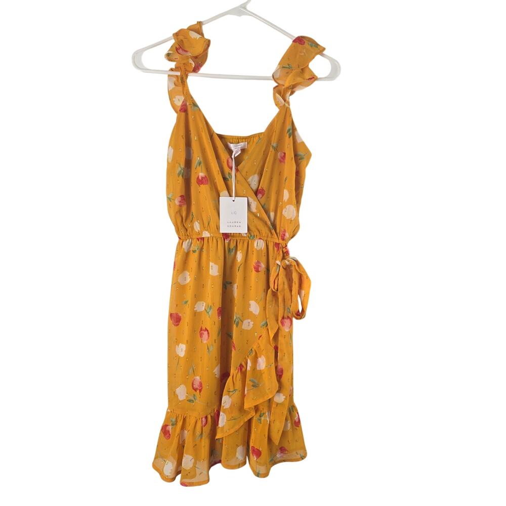 LC Lauren Conrad Orange Tulip Dress XS Womens Coquette Mini V Neck NWT‎